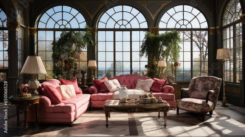 Classic chic romantic living room in 19th century luxurious mansion 