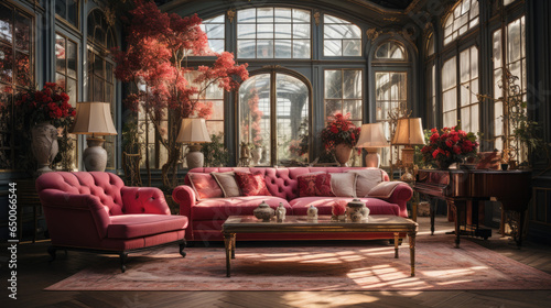 Classic chic romantic living room in 19th century luxurious mansion  photo