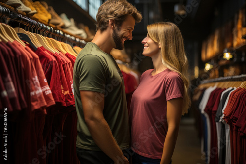 Side view of Caucasian couple shopping in clothing department of mall