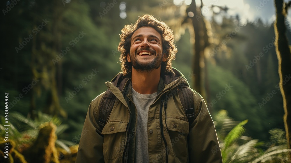 Portrait of a hiker exploring a beautiful forest and nature