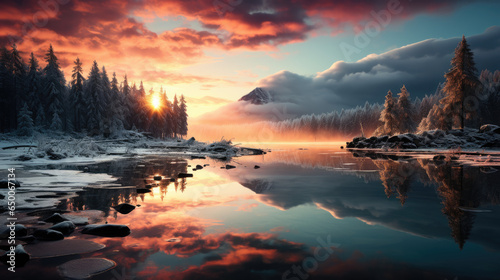 Snowy landscape at sunset, frozen trees in winter