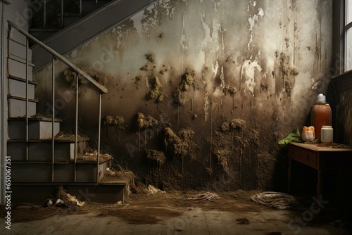 A musty basement displaying water damage and growth of fungi on walls. Generative AI photo