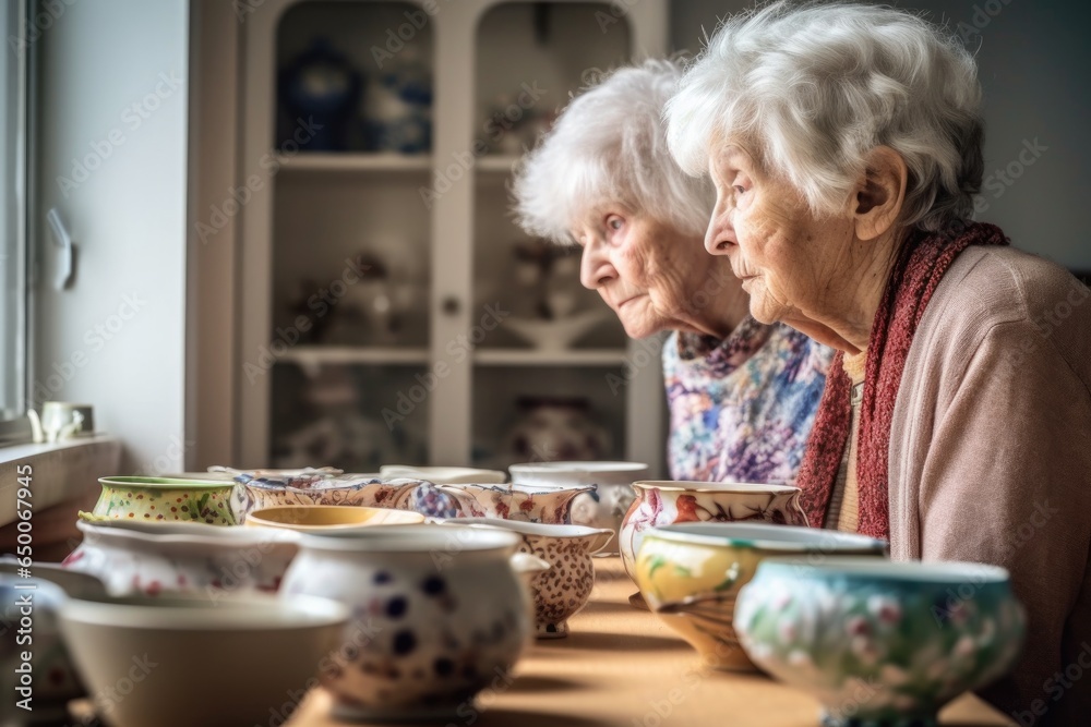 shot of two senior women looking at bowls that were just baked
