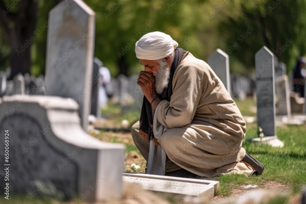 Φωτογραφία shot of a muslim praying at the gravesite of an ancestor in a cemetery