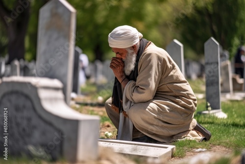 shot of a muslim praying at the gravesite of an ancestor in a cemetery