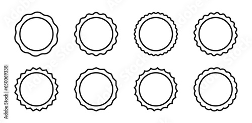 Circle seal stamp icons. Vintage wavy edge circle sticker. Star burst shape tags. Blank sale round sticker. Simple line circle wax seal. Vector illustrations set isolated on white background.