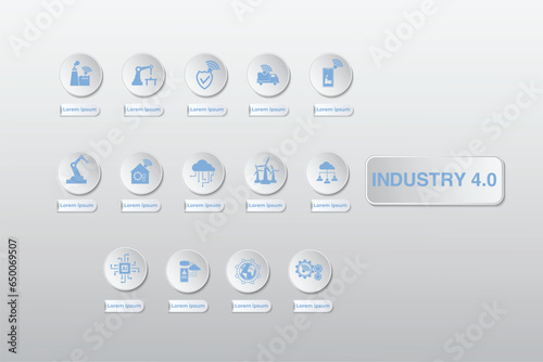 Industrial 4.0 process system on industrial factory and connection with automation, robot, data management. Industry 4.0 and smart productions icon set