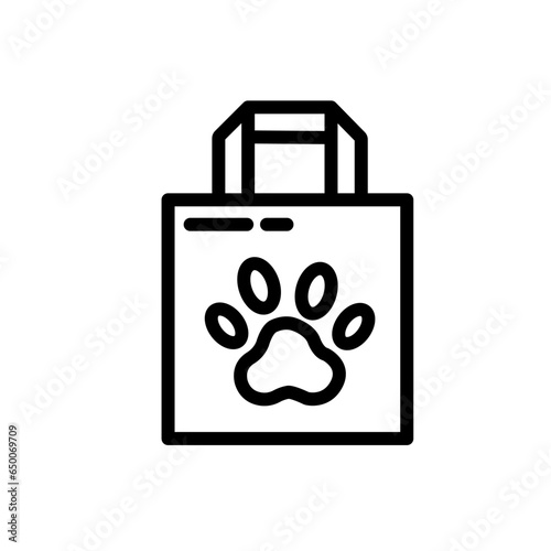 Animal feed package icon. Bag of cat or dog food with paw on it. Pictogram isolated on a white background.