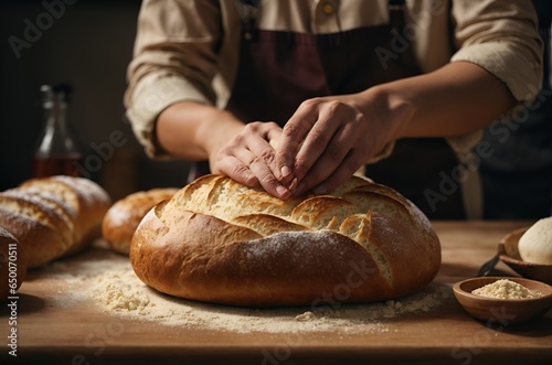 Detail photo of hand making bread.