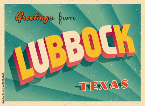 Greetings from Lubbock, Texas, USA - Wish you were here! - Vintage Touristic Postcard. Vector Illustration. Used effects can be easily removed for a brand new, clean card.