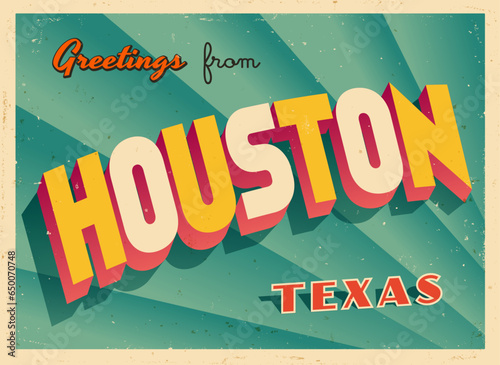 Greetings from Houston, Texas, USA - Wish you were here! - Vintage Touristic Postcard. Vector Illustration. Used effects can be easily removed for a brand new, clean card.