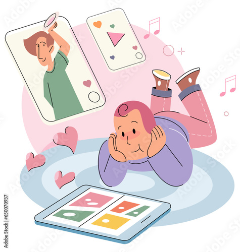 School or preschool children using gadgets. Social media post blogger boy, child likes friend. Social profile frame with young popular boy. Selfie creative idea. Children with phone and tablet