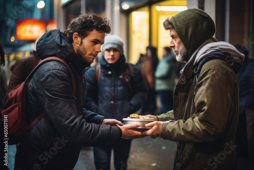 volunteer gives food to homeless people on the streets