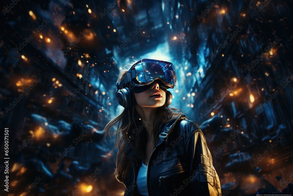 Woman wearing VR headset user, surreal world and virtual reality, Generative AI Woman wearing VR headset user, surreal world and virtual reality, Generative AI