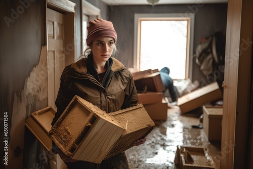 shot of a young woman carrying boxes while cleaning out her flood damaged home
