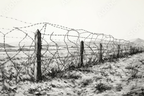 A pencil drawing of a barbed wire fence symbolizing anti-immigration and migrant restriction policies. Generative AI