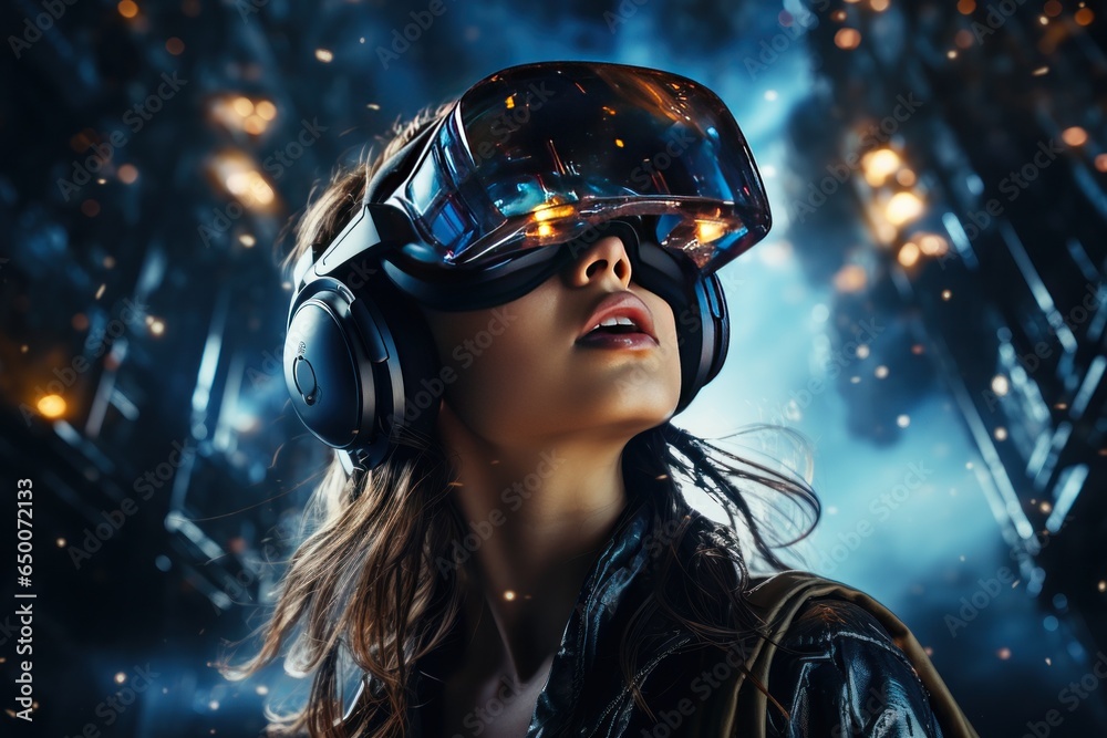 Woman wearing VR headset user, surreal world and virtual reality, Generative AI Woman wearing VR headset user, surreal world and virtual reality, Generative AI
