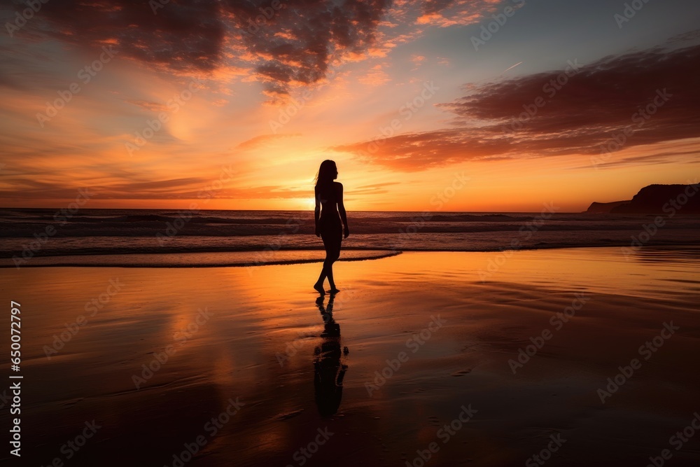 silhouette of a beautiful woman walking on the beach at sunset