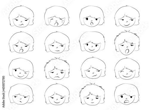 Set of different cartoon facial expressions outline flat vector isolated on white background. Cute emotion faces icons in doodle sketch style. Feelings faces of short haired girl.