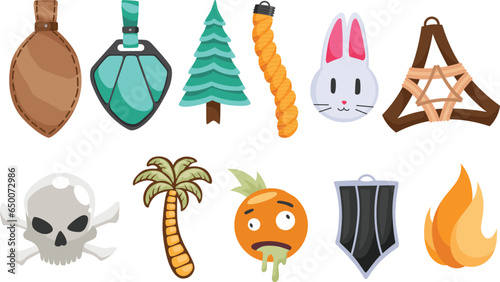 Keychain keyholder, icon set. Metal trinket. Modern keys pendants. Home rental or real estate concept. Vector illustration
