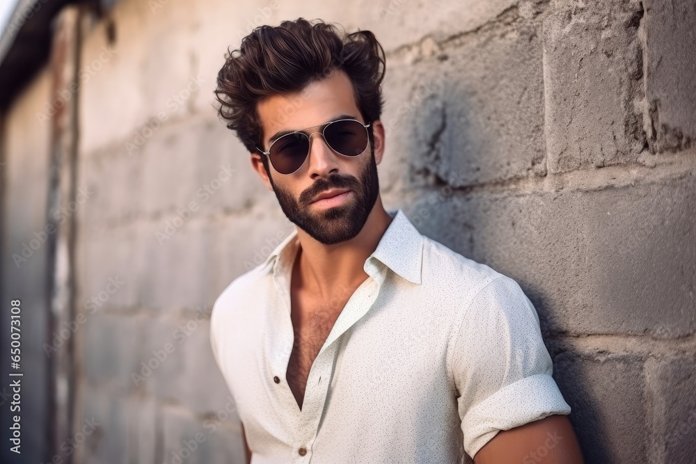 Obraz premium shot of an attractive man in retro sunglasses standing outdoors against a wall