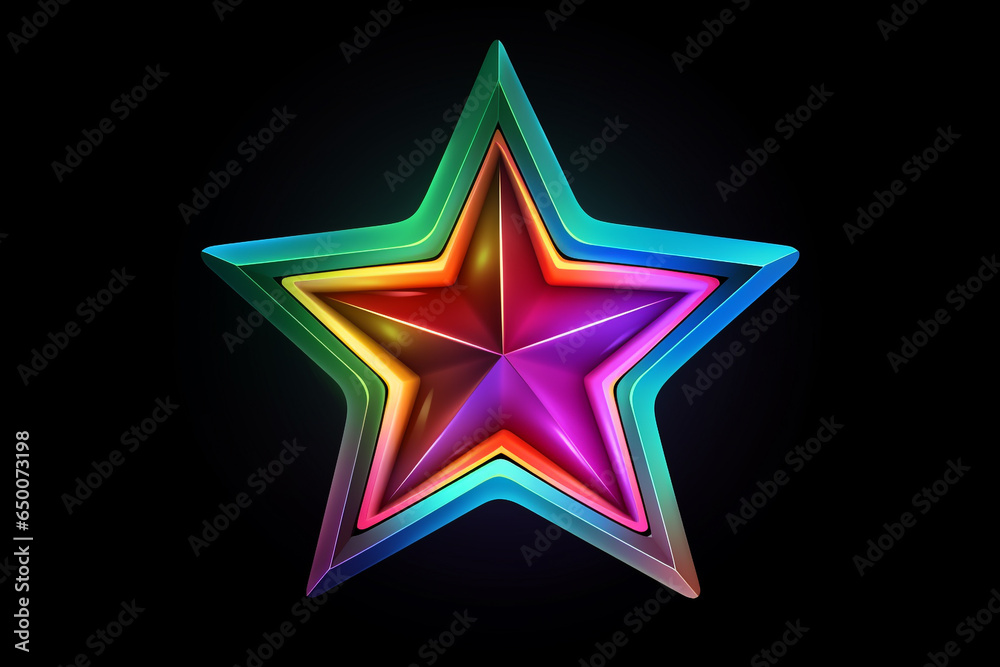 Neon bunter Stern mit Lichteffekt auf dunklem Hintergrund. Querformat. Generative Ai. Neon bunter Stern mit Lichteffekt auf dunklem Hintergrund. Querformat. Generative Ai.