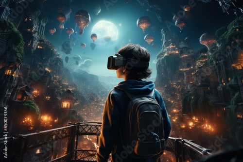 Boy wearing VR headset user, fantasy world and virtual reality, Generative AI