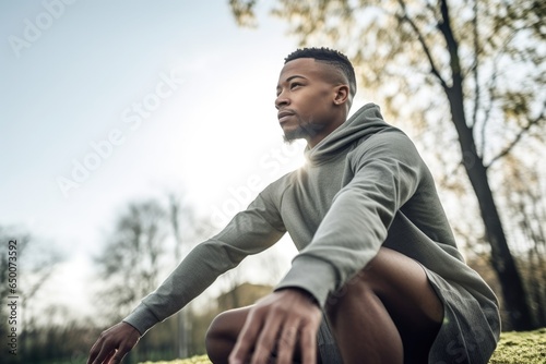 shot of a young man stretching during his outdoor workout class