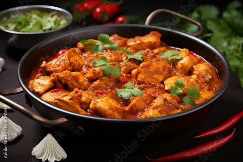 Spicy chicken curry in balti dish. Generative AI