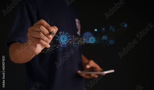 Businessman using a concept to manage a networked data warehouse on a smartphone. Wireless network linking and management concept in icon style. Virtual abstract with data lines Copy space.