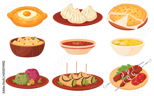 Georgian national dishes. Menu in a Georgian restaurant. Classic dishes for lunch and dinner. Vector illustration