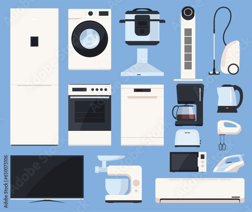 Household appliances. Sale of electronic devices for kitchen, bathroom and living rooms. Electronics store. Vector illustration