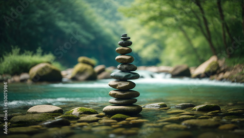 Stack of stones balancing on top in blue water of the river