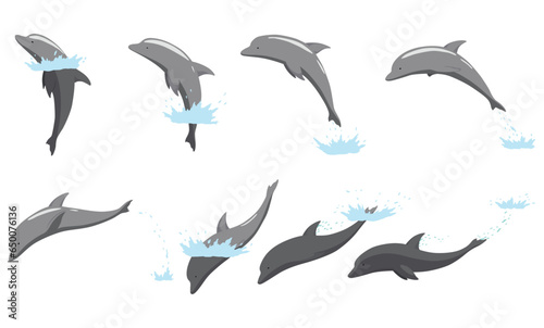 Dolphin jumping out of water animation. Illustration of dolphin performing an acrobatic jump in the ocean. Great for marine life or summer vacation designs