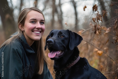 a young woman smiling with a black labrador by her side