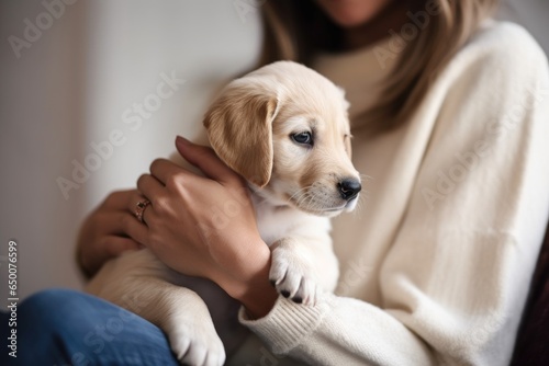 cropped shot of a woman petting a cute puppy on her lap