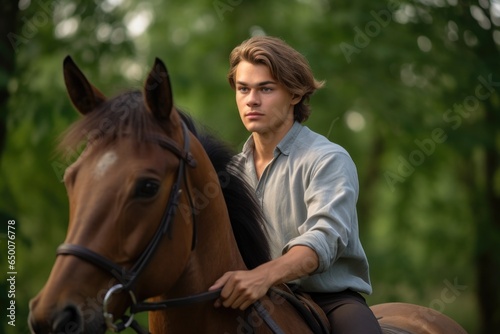 a handsome young man riding a horse