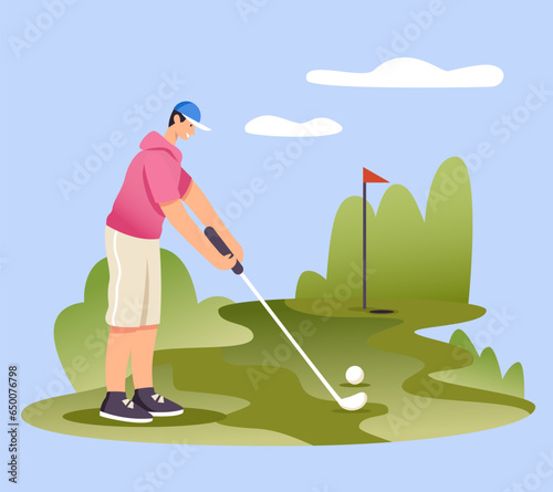 Male hits ball with club into hole. Young sporty man training outside. Concept of playing golf. Flat vector illustration in cartoon style in blue and green colors