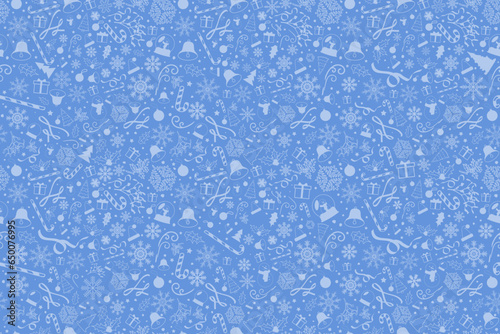 Big Teal Blue Christmas seamless pattern with monochromatic hand drawn Christmas elements. Vector Illustration. 
