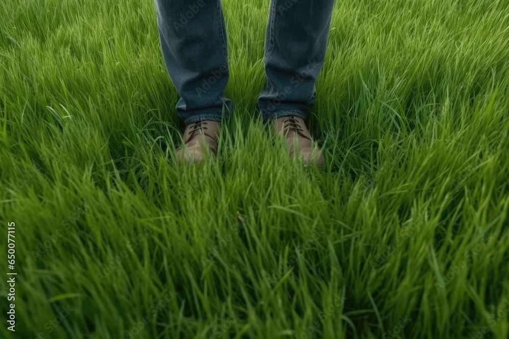 a mans feet standing on a green grass field with copyspace a mans feet standing on a green grass field with copyspace