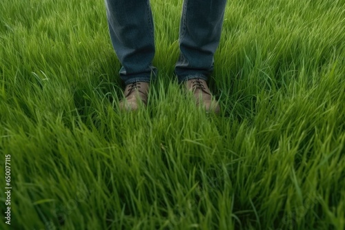 a mans feet standing on a green grass field with copyspace