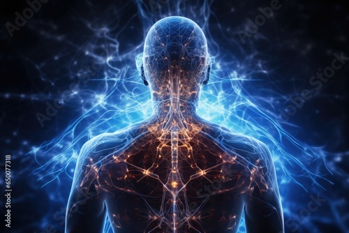 The human body is in neural connections. Technologies of the future, development of science. Artificial intelligence concept