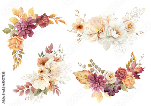 Watercolor set of flower wreaths with neutral flowers and leaves.  Arrangemen...