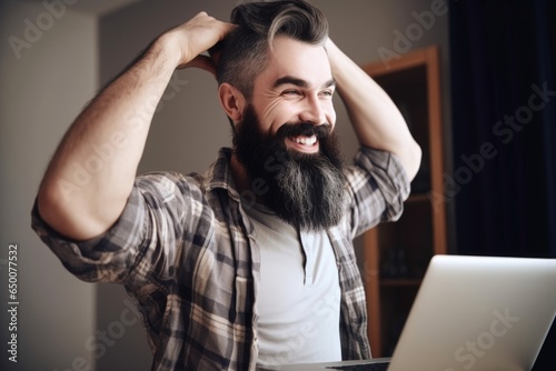 handsome smiling man standing at home with his hand in his hair using a laptop