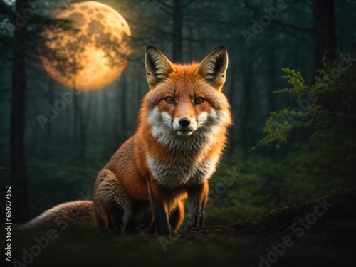 The fox Portrait. The fox captured in a close-up shot while the forest forms the background. The forest rich with towering trees, lush vegetation © Natallia