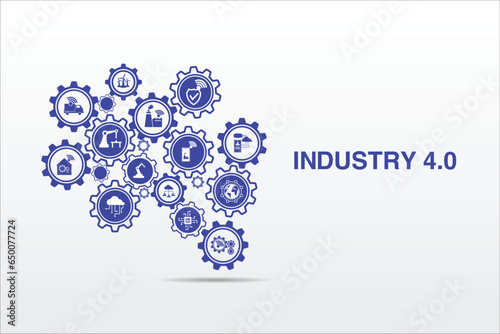 Industrial 4.0 process system on industrial factory and connection with automation, robot, data management. Industry 4.0 and smart productions icon set