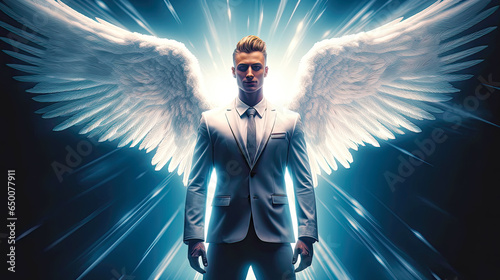 Angelic handsome man with wings and business suit. Postproducted generative AI illustration.