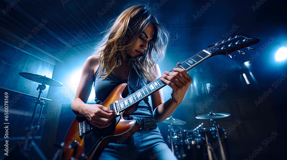Female guitar player playing a guitar on blue light illuminated stage. Postproducted generative AI illustration. - obrazy, fototapety, plakaty 