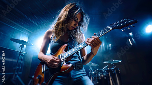 Photographie Female guitar player playing a guitar on blue light illuminated stage