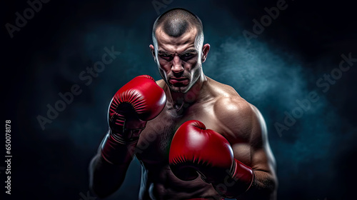 Focused boxer fighter with red gloves on dark foggy background. Postproducted generative AI illustration. © LeArchitecto